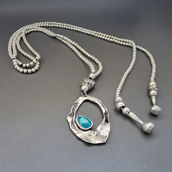 Pewter-Tone Silver-Plated Lariat Necklace with Aqua Crystal - Picture 7 of 8